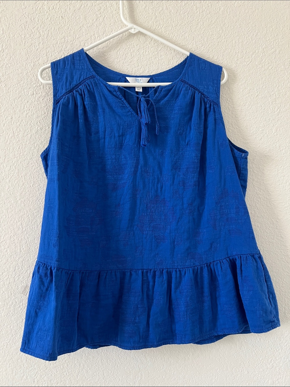 Time and Tru Blue Sleeveless Tie-Front Ruffle-Hem Top